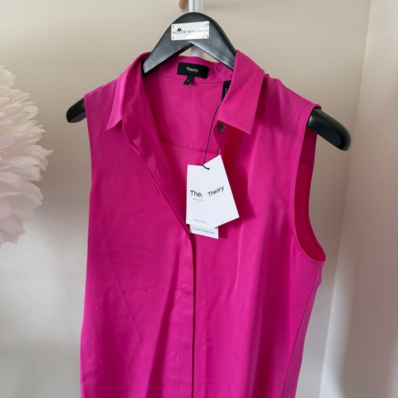 NWT🔖Theory Tanelis Sleeveless Silk Button-Up Shirt Hot Pink Work Carnation - Picture 7 of 7